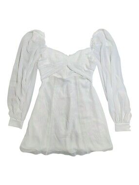 Fame and Partners Ivory Mini Dress with Pleated Bust and Sheer Sleeves